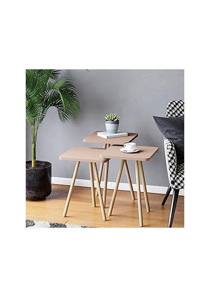 Intergo-Üçlü Zigon Sehpa Ahşap Ayaklı Tasarım (Cappuccino)