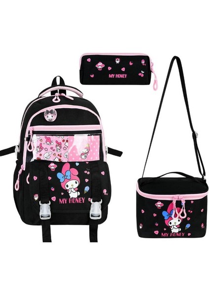 Ilkokul Çantası 3'lü Set Pembe Renk 42*30 cm Beslenme Çantası Kalem Kutusu Ortopedik Su Itici Kumaş