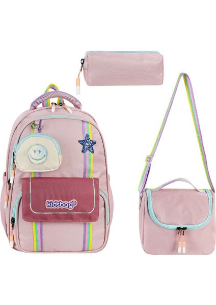 Ilkokul Çantası 3'lü Set Pembe Renk 42*30 cm Beslenme Çantası Kalem Kutusu Ortopedik Su Itici Kumaş