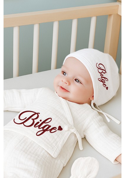 4 Katlı Müslin 5'li Kimono Bağcıklı %100 Pamuk Hastane Çıkışı Kişiye Özel Isimli Nakış Desenli Set modelleri