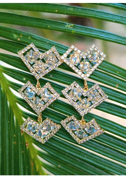 Sarı Renk Zirkon Taşlı Lüks Abiye Küpe