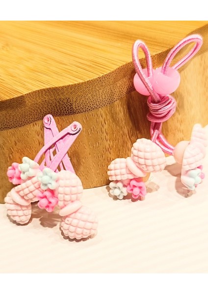 Ikili Pembe Lüks Figürlü Küçük Lastik ve Çıtçıt Toka