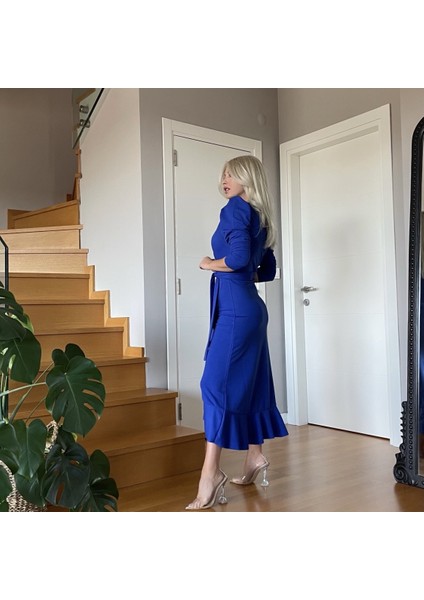 AYDOGANTICARET44 Krep Kumaş Midi Boy Kuşaklı Uzunkol Elbise fiyatları