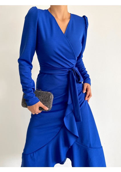 AYDOGANTICARET44 Krep Kumaş Midi Boy Kuşaklı Uzunkol Elbise