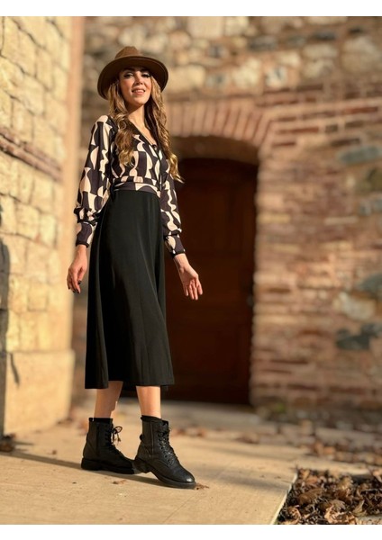 AYDOGANTICARET44 Kadın Uzun Kollu Kruvaze Yaka Dalgıç Krep Midi Boy Elbise