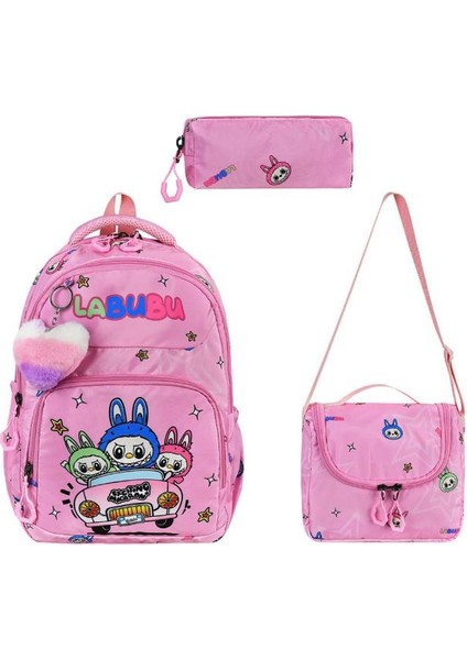 Labubu Ilkokul Çantası 3'lü Set 42*30 cm Beslenme Çantası Kalem Kutusu Ortopedik Su Itici Kumaş