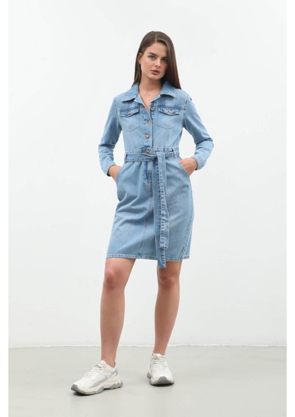 Kemerli Uzun Kollu Jean Elbise modelleri