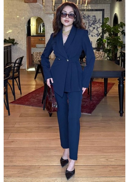 Kadın Ikili Blazer Ceket Pantolon Takım Pile ve Düğme Detaylı Boru Paça