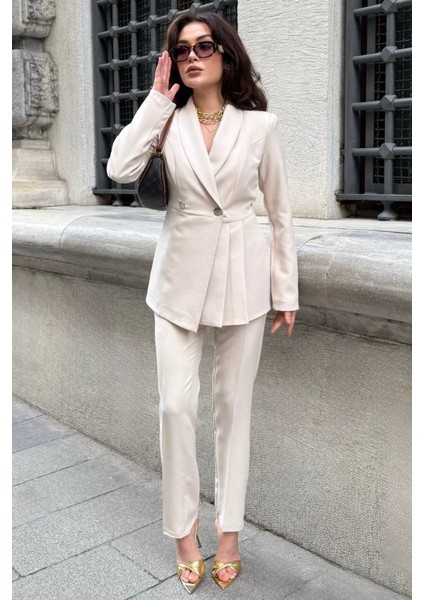 Kadın Ikili Blazer Ceket Pantolon Takım Pile ve Düğme Detaylı Boru Paça fiyatları