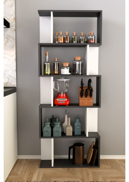 Scala 5 Raflı Mutfak Dolabı Mutfak Rafı Çok Amaçlı Dolap -Antrasit-Beyaz