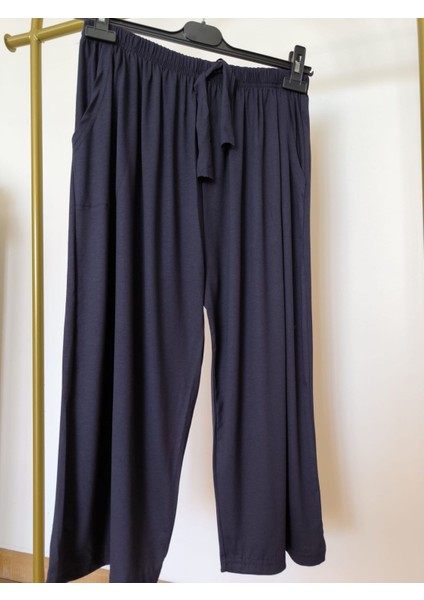 Pamuklu Viskon Ince Yazlık Cepli Penye Kapri Pijama Pantolon Lacivert - Xl