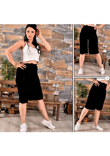 Pamuklu Viskon Ince Yazlık Cepli Penye Kapri Pijama Pantolon Siyah - 2xl