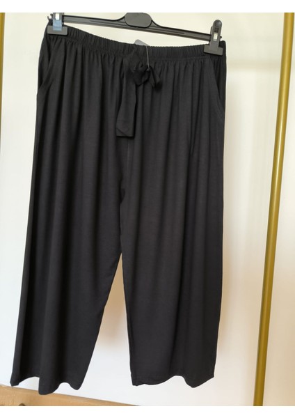 Pamuklu Viskon Ince Yazlık Cepli Penye Kapri Pijama Pantolon Siyah - 2xl fırsatları