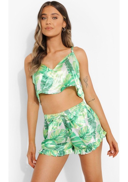 Yeşil Fırfırlı Şortlu Pijama Takımı modelleri