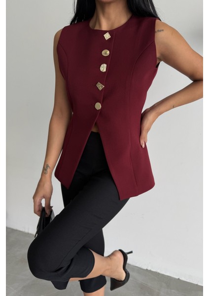 Gold Düğme Detaylı Yelek - Bordo fırsatları