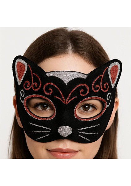 Büro Ev Ofis Gösteri Parti Kostümü Için 20X13CM Kırmızı Silver Simli Işıltılı Kadife Kedi Maskesi