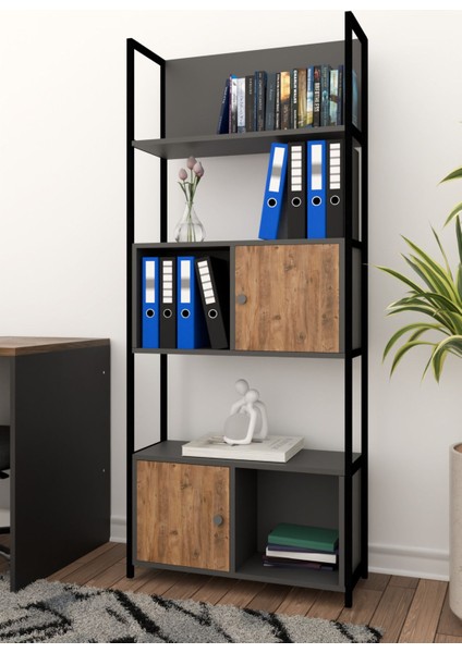 Deniz-Plus Kitaplık Kütüphane Hareketli Raflı Dekoratif Kitaplık-Antrasit-Meşe