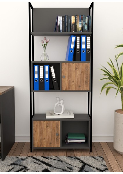 Deniz-Plus Kitaplık Kütüphane Hareketli Raflı Dekoratif Kitaplık-Antrasit-Meşe fiyatları