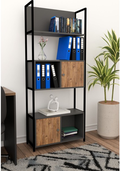 Deniz-Plus Kitaplık Kütüphane Hareketli Raflı Dekoratif Kitaplık-Antrasit-Meşe modelleri