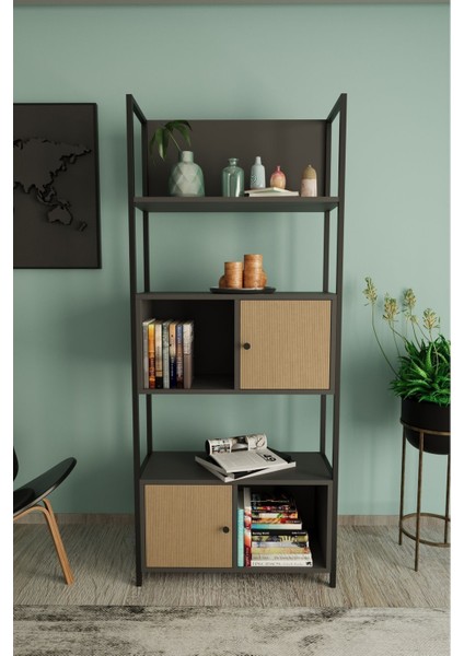 Deniz 5 Raf 2 Kapaklı Kitaplık Antrasit - Aro Desenli