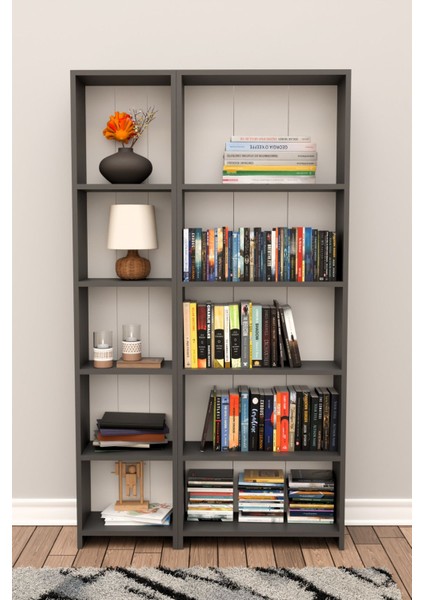 10 Raflı Kitaplık Kütüphane Hareketli Raflı Dekoratif Kitaplık-Antrasit