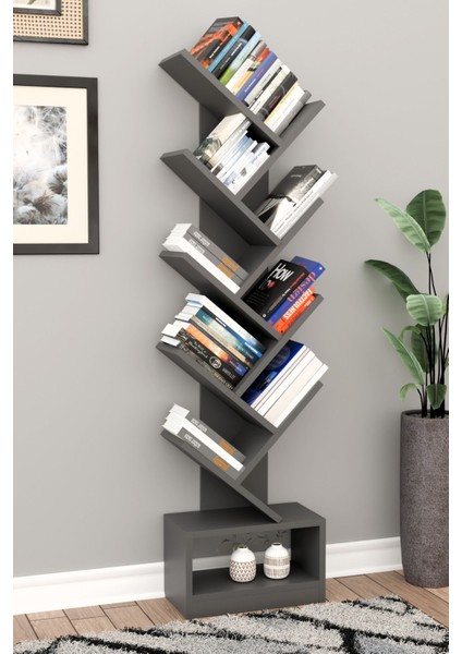 Vira Raflı Kitaplık Kütüphane Hareketli Raflı Dekoratif Kitaplık-Antrasit