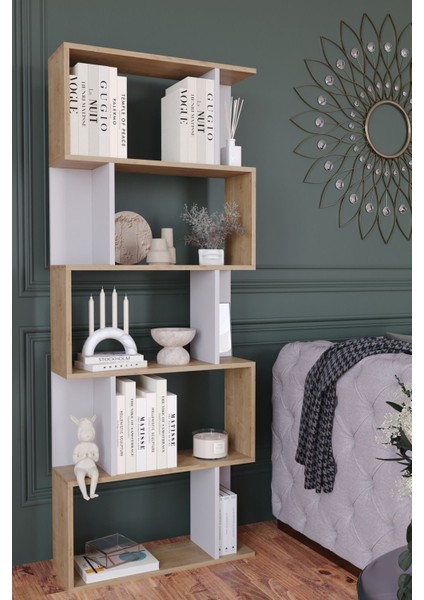 Lione 5 Raflı Asimetrik Kitaplık Safirmeşe - Beyaz