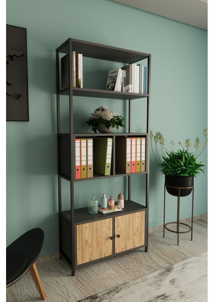 Lina Metal Ayaklı 5 Raf 2 Kapaklı Kitaplık Antrasit - Meşe fiyatları