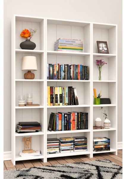 15 Raflı Kitaplık Kütüphane Hareketli Raflı Dekoratif Kitaplık-Beyaz