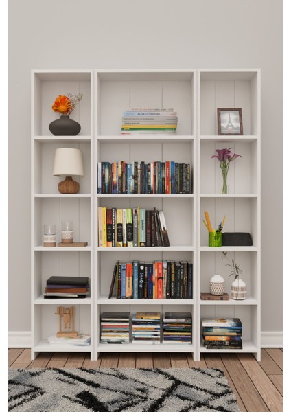 15 Raflı Kitaplık Kütüphane Hareketli Raflı Dekoratif Kitaplık-Beyaz fiyatları
