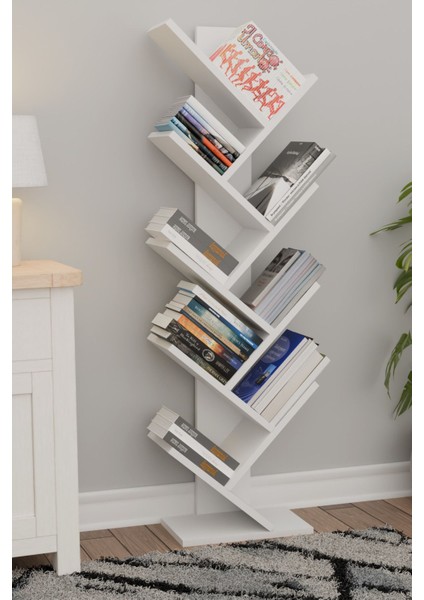 Voya Raflı Kitaplık Kütüphane Hareketli Raflı Dekoratif Kitaplık-Beyaz