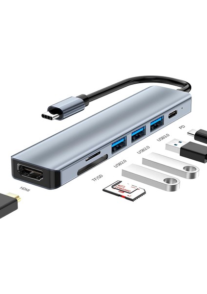 Type C Hub (7 Port), 100W Pd Şarj ve Veri Transfer Type-C Port 4K 30HZ Veya 1080P 60HZ Hdmı, 1 Adet USB 3.0 Port 2 Adet 2.0 Port, Mirosd ve Sd Kart Okuyucu MacBook Pro/air Vb. Uyumlu