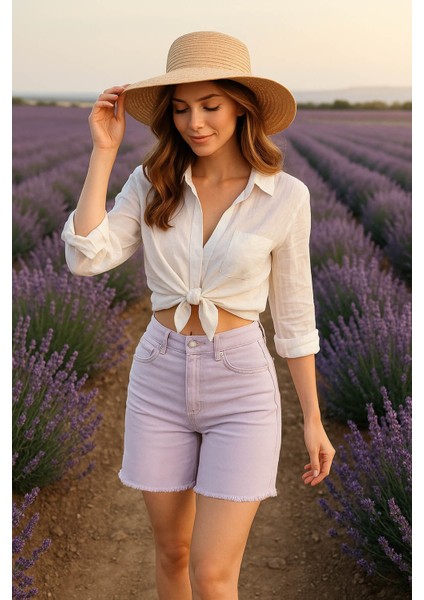 Kadın Basic Paçası Kesik Jen Şort Lila