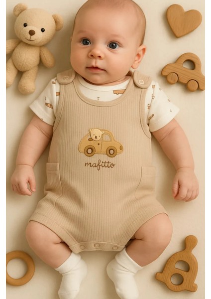 Yazlık Araba Nakışlı Erkek Bebek Tulum Seti - 3’lü Kıyafet Kombini (Tulum + Body + Çorap) |