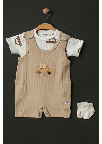 Yazlık Araba Nakışlı Erkek Bebek Tulum Seti - 3’lü Kıyafet Kombini (Tulum + Body + Çorap) | fırsatları