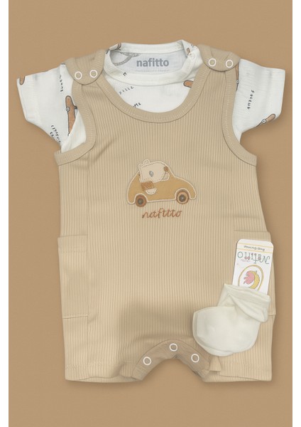 Yazlık Araba Nakışlı Erkek Bebek Tulum Seti - 3’lü Kıyafet Kombini (Tulum + Body + Çorap) | indirimleri