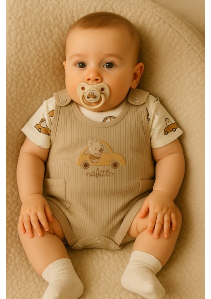 Yazlık Araba Nakışlı Erkek Bebek Tulum Seti - 3’lü Kıyafet Kombini (Tulum + Body + Çorap) |