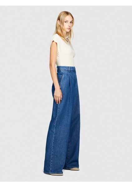 Sisley %100 Koton Yüksek Bel Geniş Paça Denim Chino Pantolon Kadın Renkli Pantolon - 323A4V8JLF03N modelleri