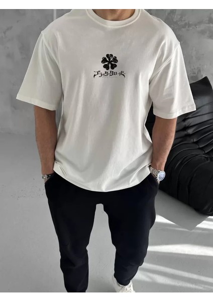 Unisex Bisiklet Yaka Baskılı Oversize T-Shirt - Beyaz
