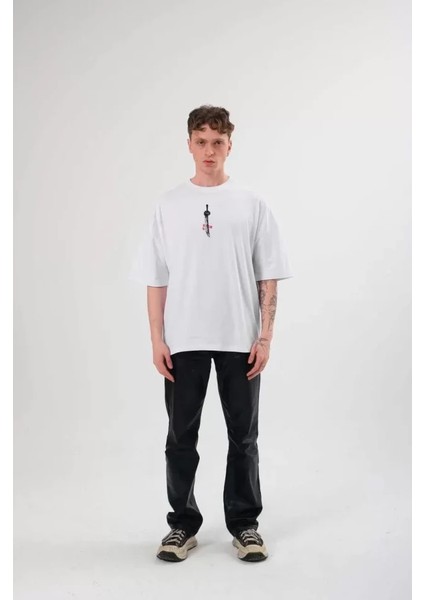 Unisex Bisiklet Yaka Baskılı Oversize T-Shirt - Beyaz