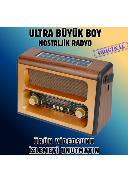 Vintage Büyük Boy Bluetoothlu Nostaljik Radyo & Kumandalı Ahşap Güneş Enerjili Radyo - Fm Radyo & Bluetooth Hoparlör - Lüks Ev Dekor