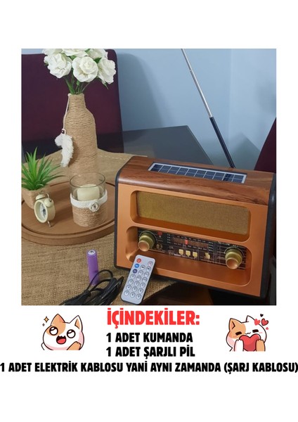 Vintage Büyük Boy Bluetoothlu Nostaljik Radyo & Kumandalı Ahşap Güneş Enerjili Radyo - Fm Radyo & Bluetooth Hoparlör - Lüks Ev Dekor