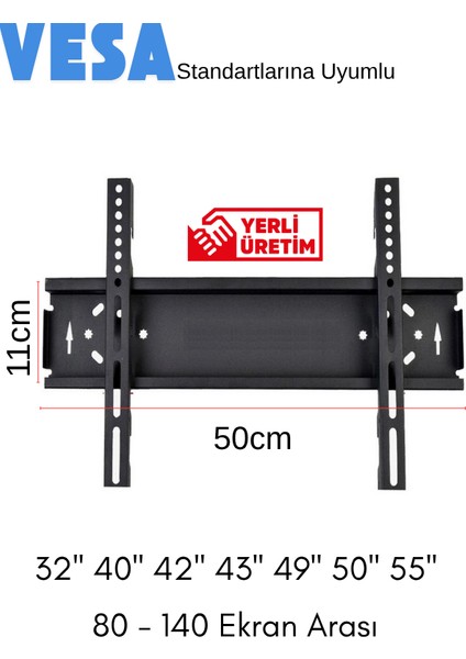LCD - LED - Tv Duvar Askı Aparatı - 32''- 40''- 42''-43''- 49''- 50'' 55'' Inç Arası - 82 ve 140 Ekran Arası Uyumlu Sabit Askı Aparatı