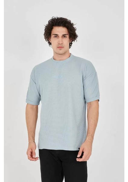 Unisex Waffle Kumaş Rahat Kol T-Shirt - Buz Mavisi modelleri