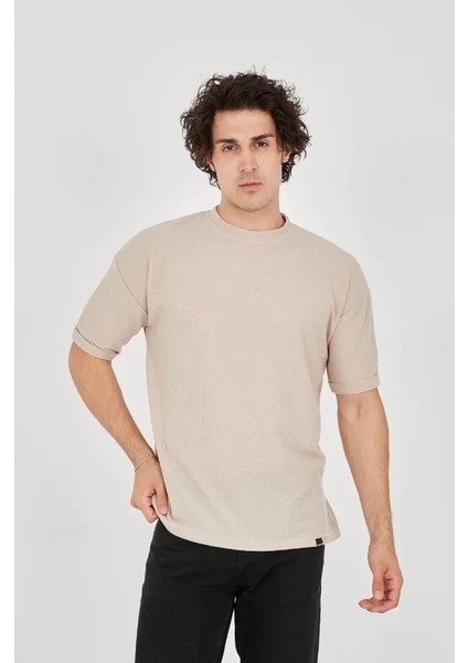 Unisex Waffle Kumaş Rahat Kol T-Shirt - Bej fiyatları