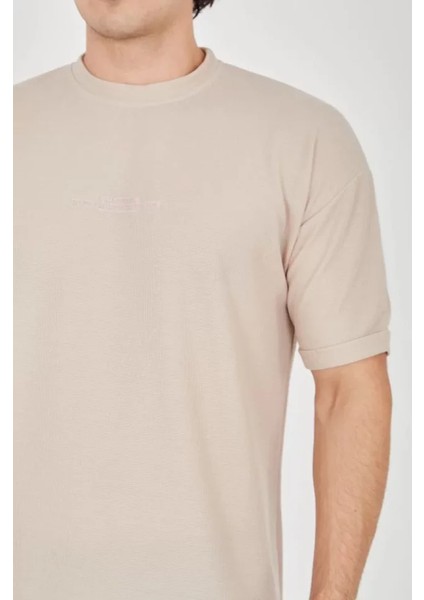 Unisex Waffle Kumaş Rahat Kol T-Shirt - Bej modelleri