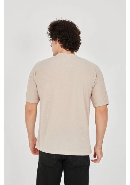 Unisex Waffle Kumaş Rahat Kol T-Shirt - Bej fırsatları