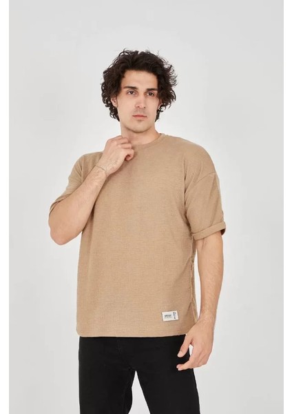 Unisex Jakar Kumaş Rahat Kol T-Shirt - Kahverengi