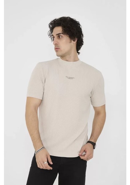 Unisex Bisiklet Yaka Slim Fit T-Shirt- Bej modelleri