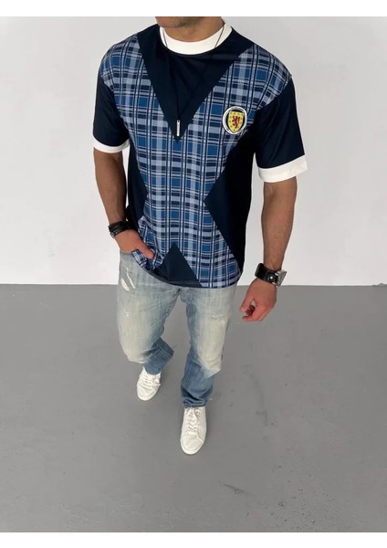 Unisex Bisiklet Yaka Baskılı Oversize T-Shirt - Siyah
